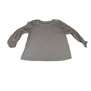 LOFT Top Womens Medium Cream Stretch Sheer Polka Dot Long Puff Sleeve Crew Neck